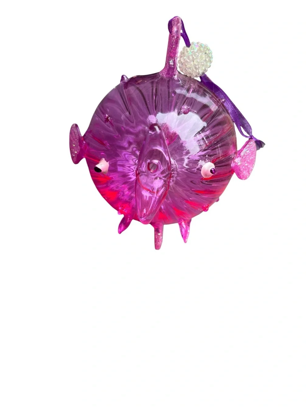 Pier 1 Imports Purple Blow Puffer Fish Blown Glass Christmas Ornament